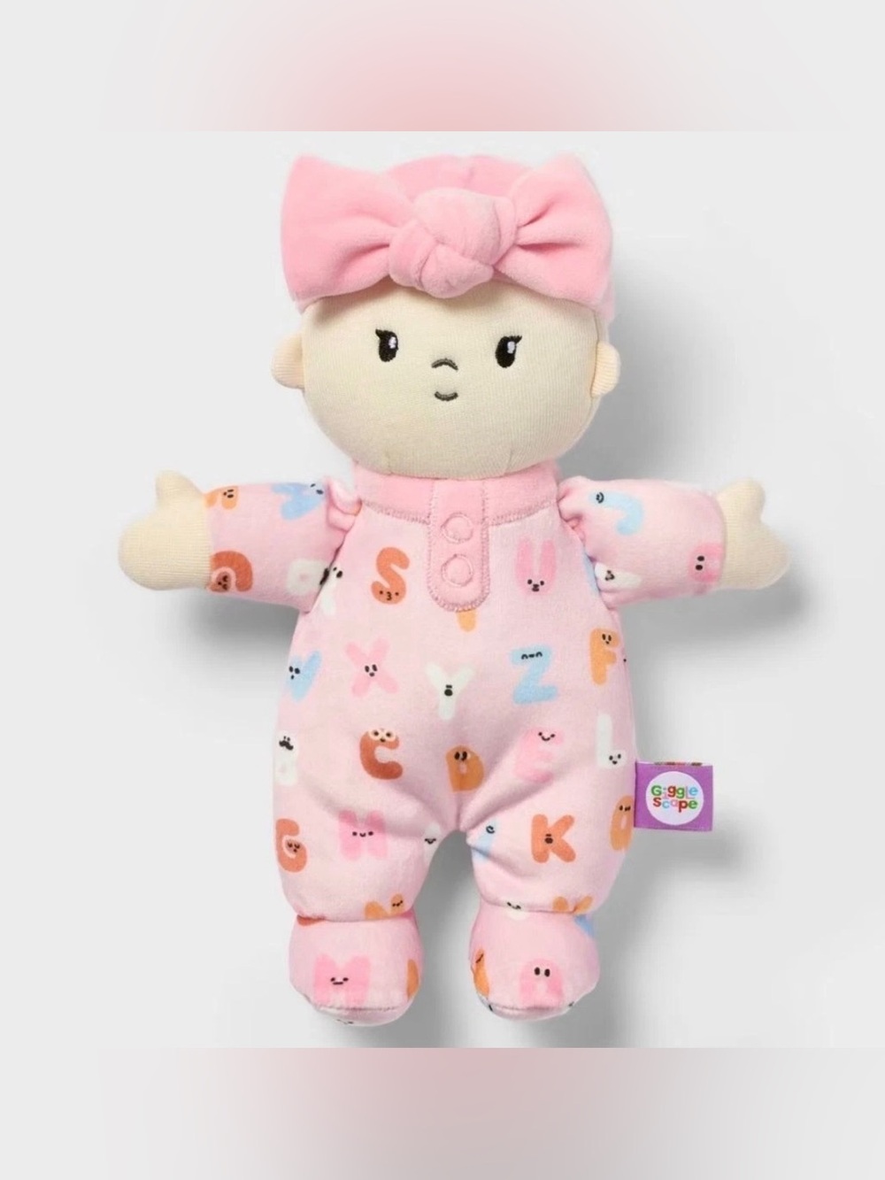Giggle Scape Soft Plush Baby Doll With Pink Alphabet Outfit & Bow